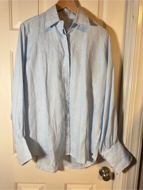NEW LJC DESIGNS women's 100% linen Button Down Baby Blue long Sleeve shirt. Xl